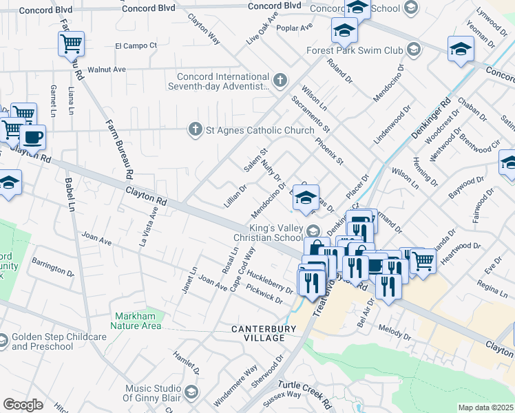 map of restaurants, bars, coffee shops, grocery stores, and more near 1521 Mendocino Drive in Concord