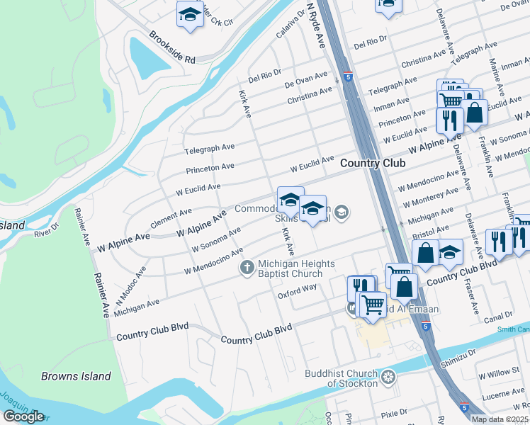 map of restaurants, bars, coffee shops, grocery stores, and more near 3013 West Sonoma Avenue in Stockton