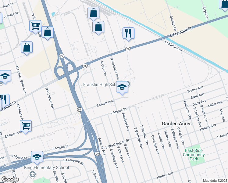 map of restaurants, bars, coffee shops, grocery stores, and more near 404 N Oro Ave in Stockton