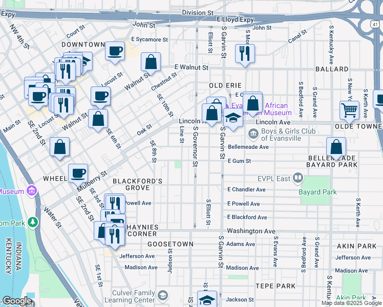 map of restaurants, bars, coffee shops, grocery stores, and more near 711 South Governor Street in Evansville