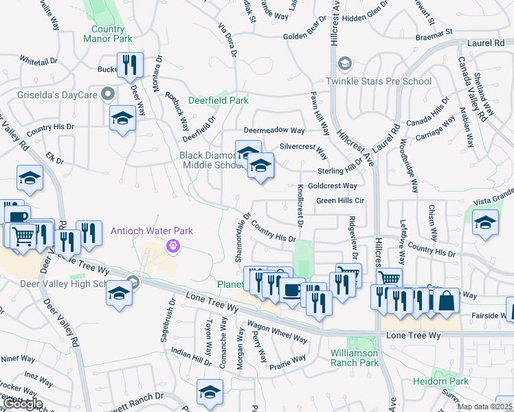 map of restaurants, bars, coffee shops, grocery stores, and more near 4616 Shannondale Drive in Antioch