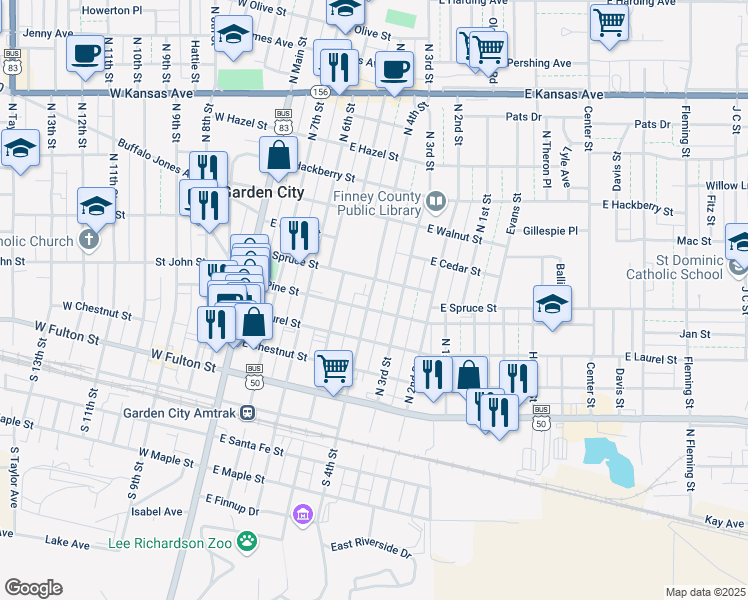 map of restaurants, bars, coffee shops, grocery stores, and more near 506 North 4th Street in Garden City