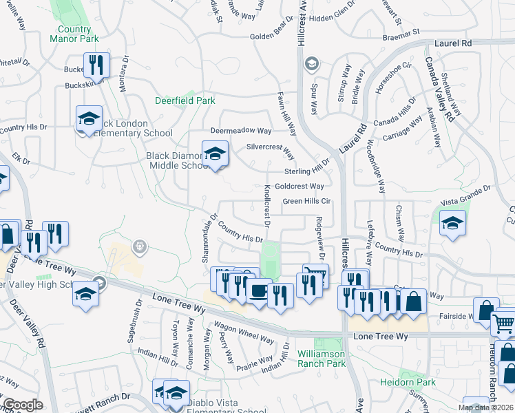 map of restaurants, bars, coffee shops, grocery stores, and more near 4805 Shannondale Court in Antioch