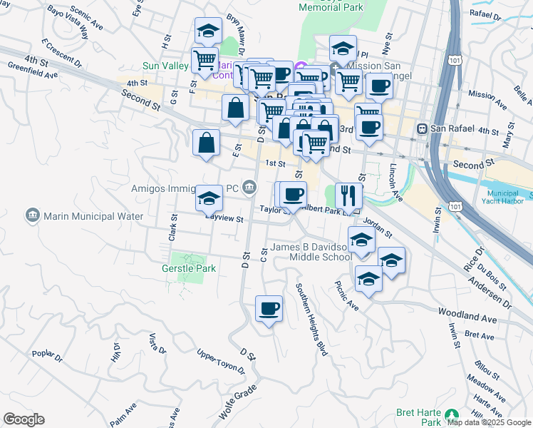 map of restaurants, bars, coffee shops, grocery stores, and more near 411 C Street in San Rafael