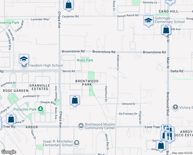 map of restaurants, bars, coffee shops, grocery stores, and more near 2876 Falcon Court in Brentwood