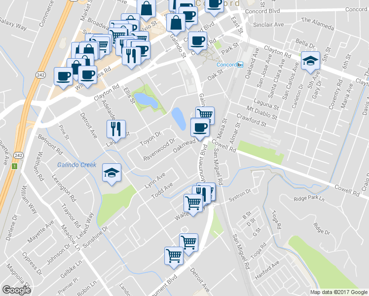 map of restaurants, bars, coffee shops, grocery stores, and more near 1842 Oakmead Drive in Concord
