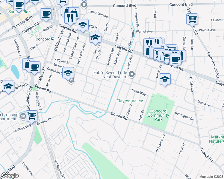 map of restaurants, bars, coffee shops, grocery stores, and more near 3236 Cambridge Place in Concord