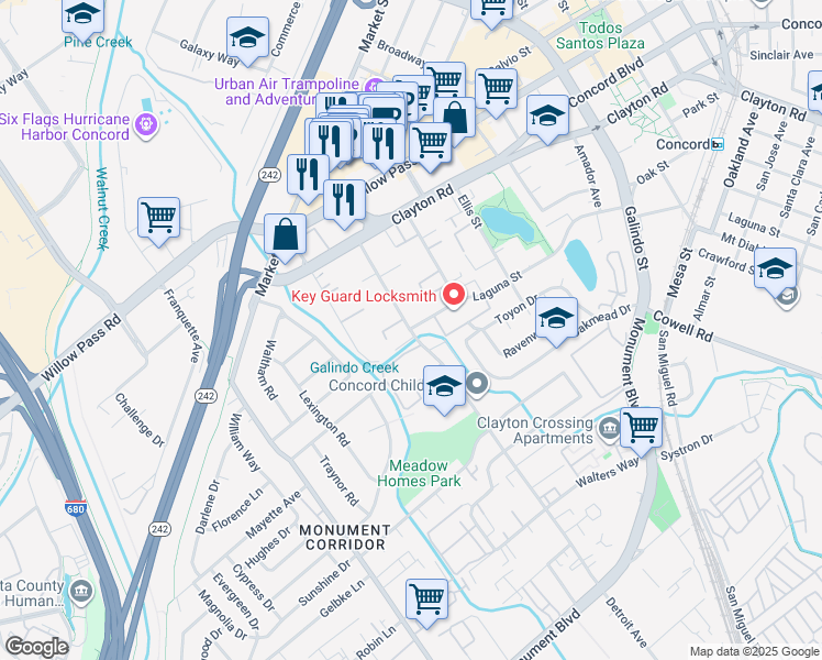 map of restaurants, bars, coffee shops, grocery stores, and more near Detroit Avenue & Laguna Street in Concord