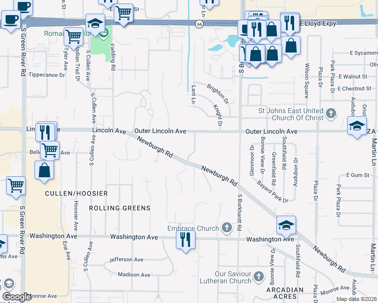 map of restaurants, bars, coffee shops, grocery stores, and more near 5922 Newburgh Road in Evansville