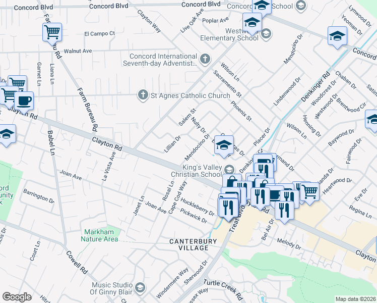 map of restaurants, bars, coffee shops, grocery stores, and more near 1521 Mendocino Drive in Concord
