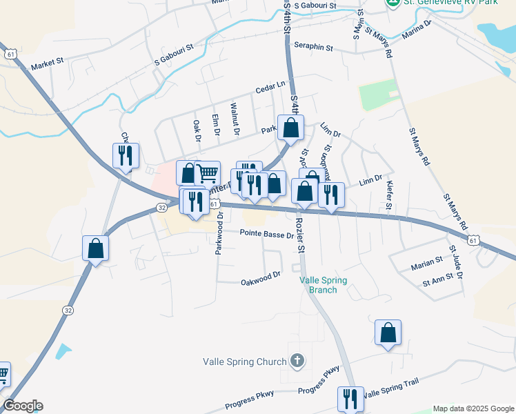 map of restaurants, bars, coffee shops, grocery stores, and more near 675 Ste Genevieve Drive in Ste. Genevieve