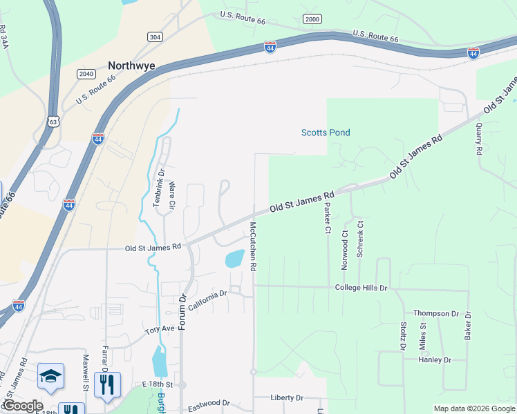 map of restaurants, bars, coffee shops, grocery stores, and more near 2141 Old Saint James Road in Rolla