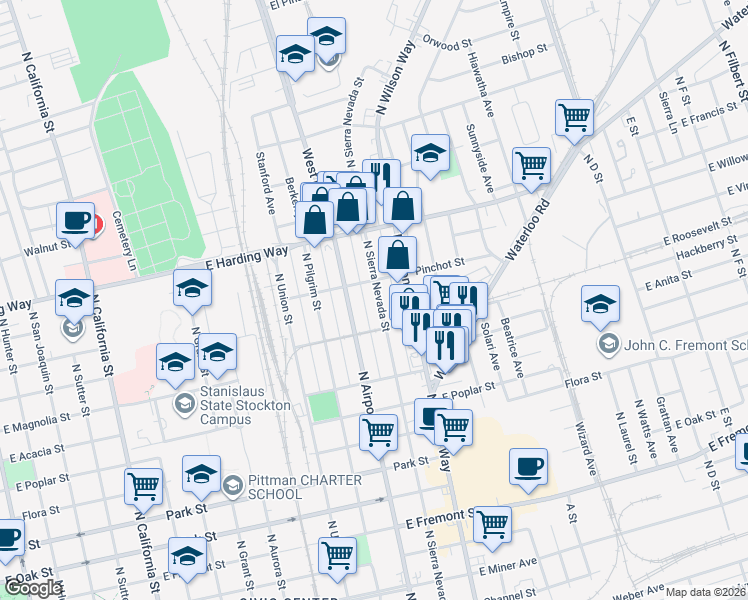 map of restaurants, bars, coffee shops, grocery stores, and more near 1151 North Sierra Nevada Street in Stockton