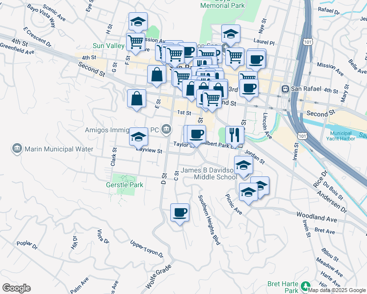 map of restaurants, bars, coffee shops, grocery stores, and more near 412 C Street in San Rafael