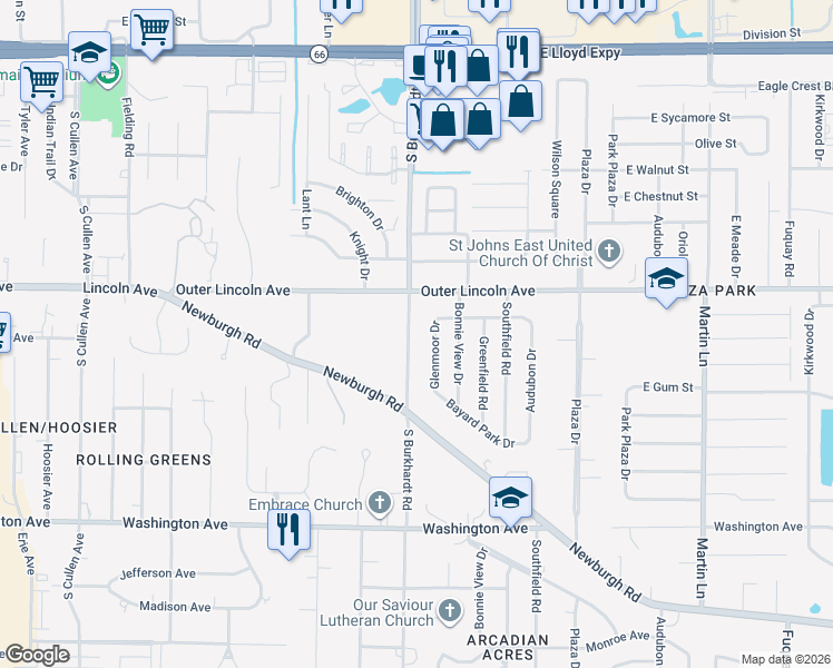 map of restaurants, bars, coffee shops, grocery stores, and more near 658 South Burkhardt Road in Evansville
