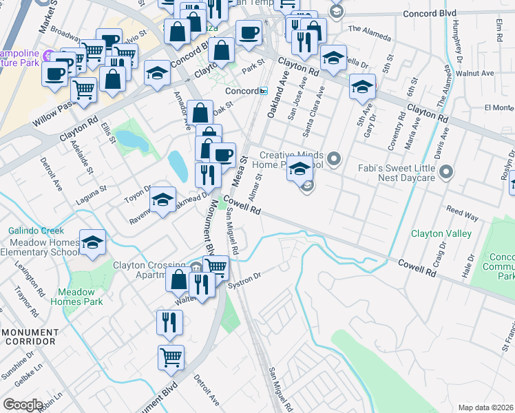 map of restaurants, bars, coffee shops, grocery stores, and more near 2819 Cowell Road in Concord