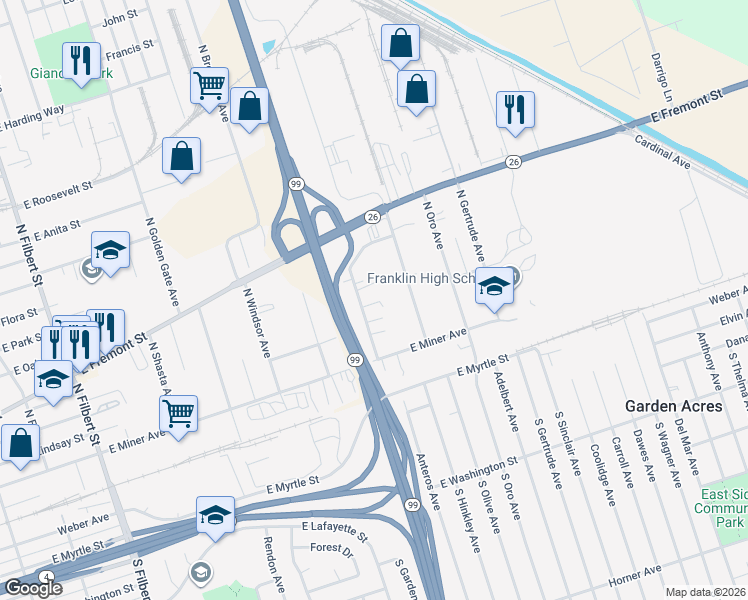 map of restaurants, bars, coffee shops, grocery stores, and more near 512 North Anteros Avenue in Stockton