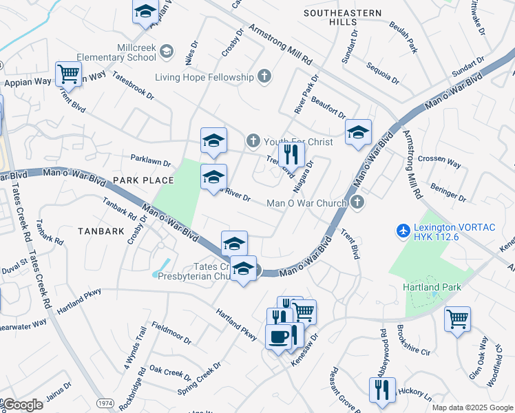 map of restaurants, bars, coffee shops, grocery stores, and more near 3781 Red River Drive in Lexington