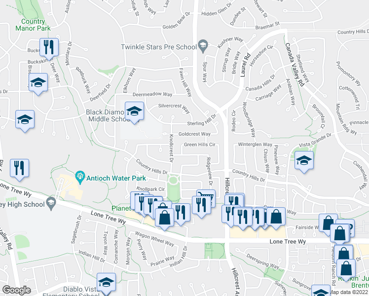 map of restaurants, bars, coffee shops, grocery stores, and more near 4816 Green Hills Circle in Antioch