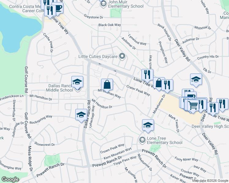 map of restaurants, bars, coffee shops, grocery stores, and more near 1810 Gardenia Court in Antioch