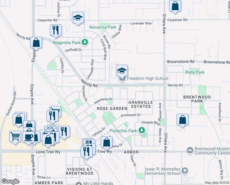 map of restaurants, bars, coffee shops, grocery stores, and more near 2857 Peace Lane in Brentwood