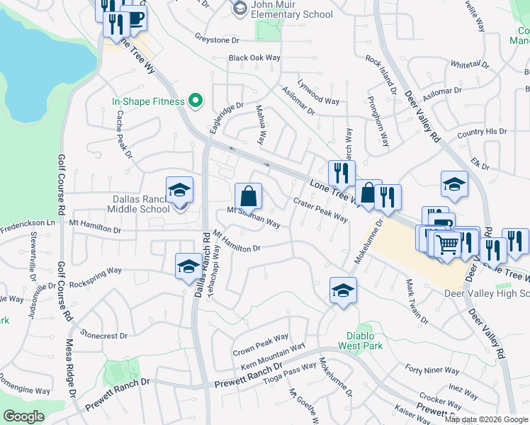 map of restaurants, bars, coffee shops, grocery stores, and more near 1814 Gardenia Court in Antioch