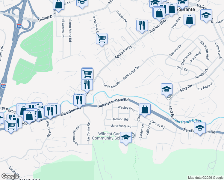 map of restaurants, bars, coffee shops, grocery stores, and more near 4162 Santa Rita Road in El Sobrante