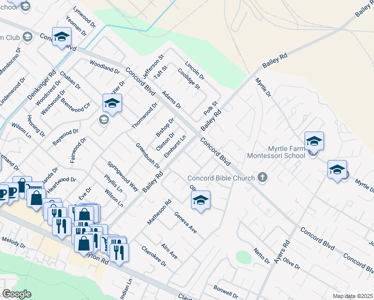 map of restaurants, bars, coffee shops, grocery stores, and more near 1751 Poplarwood Ct in Concord
