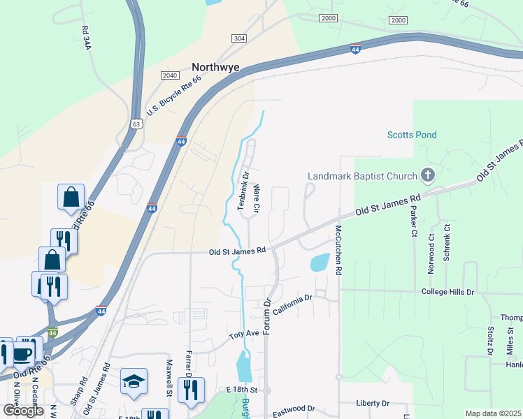 map of restaurants, bars, coffee shops, grocery stores, and more near 2132 Ware Circle in Rolla