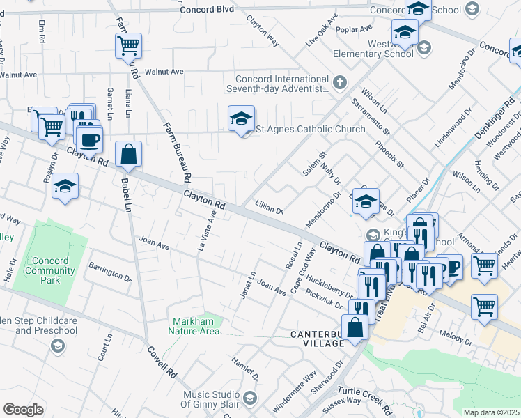 map of restaurants, bars, coffee shops, grocery stores, and more near 4012 Lillian Drive in Concord