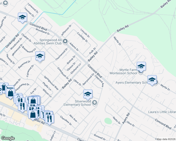 map of restaurants, bars, coffee shops, grocery stores, and more near 1771 Limewood Court in Concord