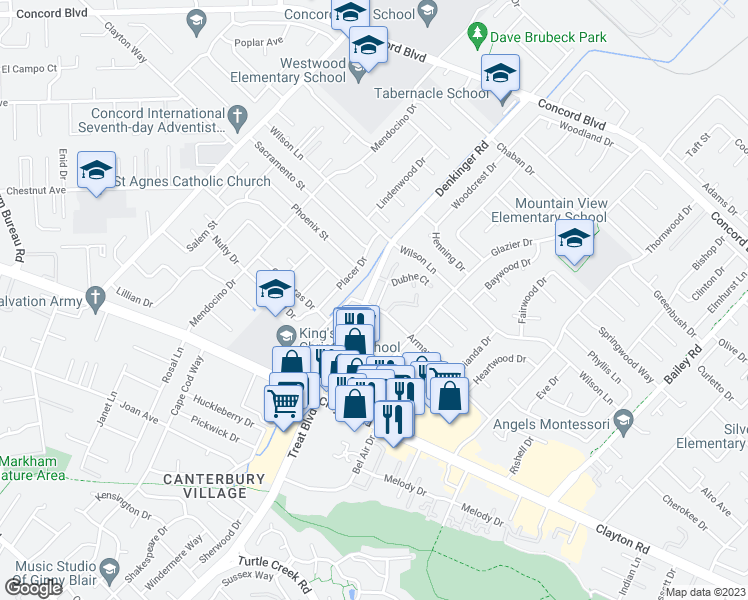 map of restaurants, bars, coffee shops, grocery stores, and more near 4205 Armand Drive in Concord