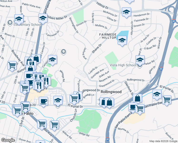 map of restaurants, bars, coffee shops, grocery stores, and more near 2813 Loyola Drive in Richmond