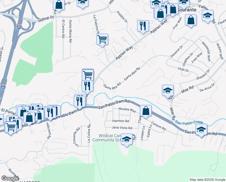 map of restaurants, bars, coffee shops, grocery stores, and more near 4162 Santa Rita Road in El Sobrante