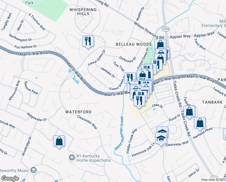 map of restaurants, bars, coffee shops, grocery stores, and more near 3872 Forest Green Drive in Lexington