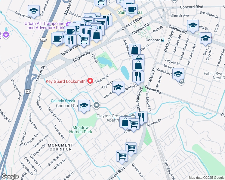 map of restaurants, bars, coffee shops, grocery stores, and more near 1802 Ravenwood Drive in Concord