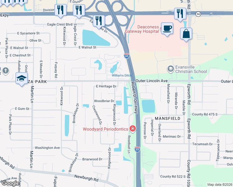map of restaurants, bars, coffee shops, grocery stores, and more near 654 Kingswood Drive in Evansville