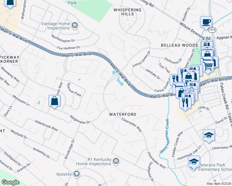 map of restaurants, bars, coffee shops, grocery stores, and more near 513 Brookwater Lane in Lexington