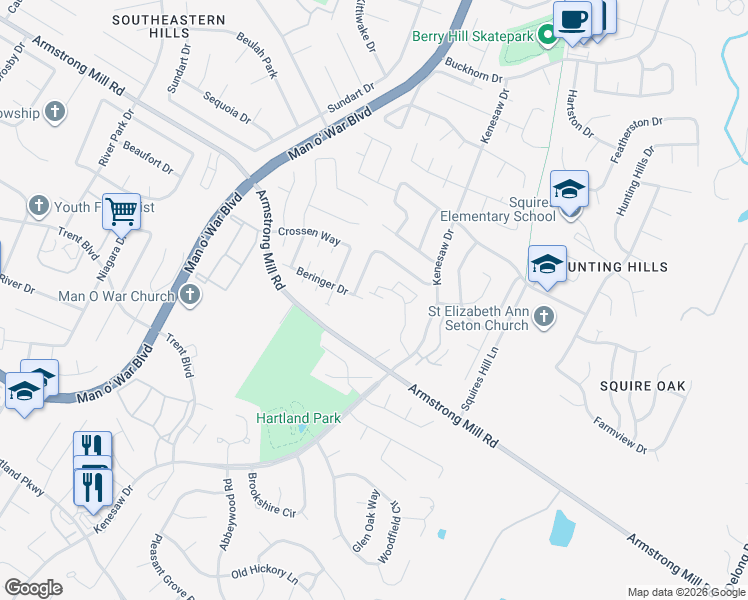 map of restaurants, bars, coffee shops, grocery stores, and more near 1672 Beringer Drive in Lexington