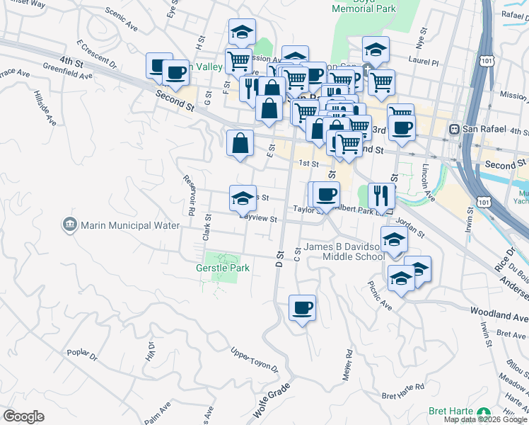 map of restaurants, bars, coffee shops, grocery stores, and more near 212 Bayview Street in San Rafael