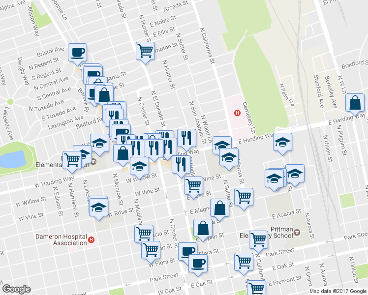 map of restaurants, bars, coffee shops, grocery stores, and more near 135 East Harding Way in Stockton