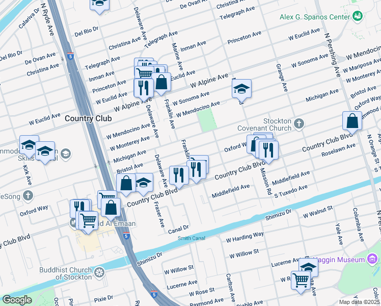 map of restaurants, bars, coffee shops, grocery stores, and more near 2068 Bristol Avenue in Stockton