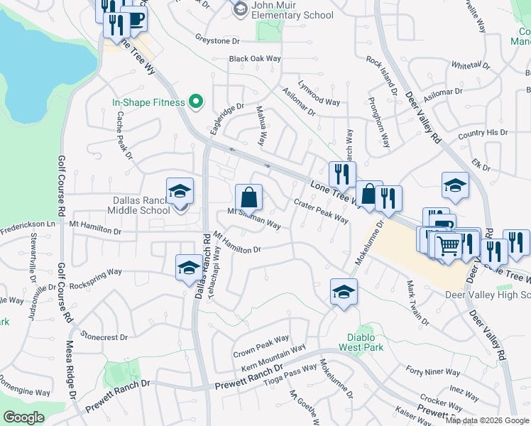 map of restaurants, bars, coffee shops, grocery stores, and more near 1814 Gardenia Court in Antioch