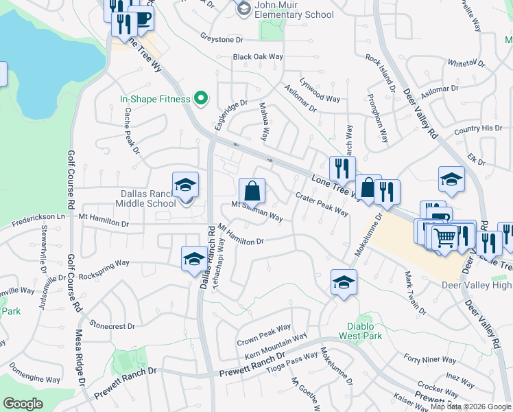 map of restaurants, bars, coffee shops, grocery stores, and more near 1715 Mount Silliman Way in Antioch