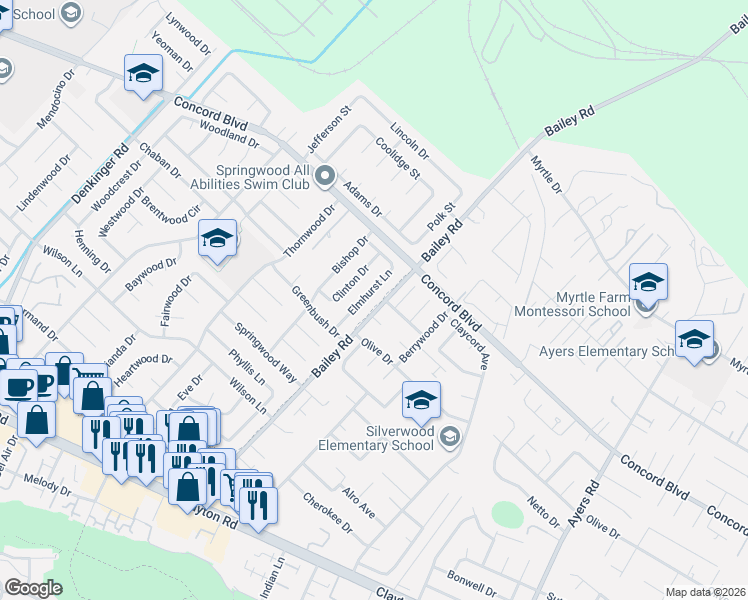 map of restaurants, bars, coffee shops, grocery stores, and more near 1741 Elmhurst Lane in Concord