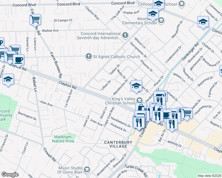 map of restaurants, bars, coffee shops, grocery stores, and more near 1521 Mendocino Drive in Concord