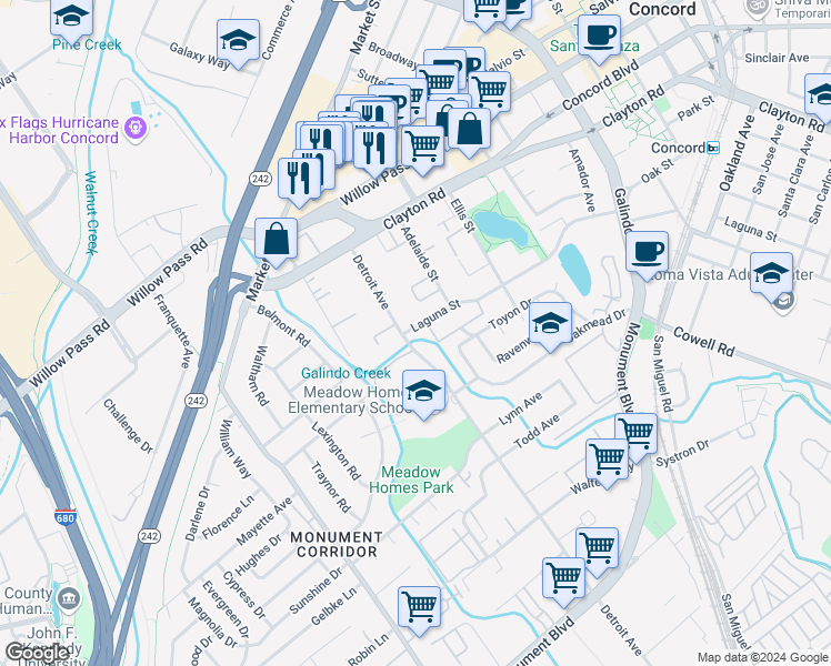 map of restaurants, bars, coffee shops, grocery stores, and more near 2000 Laguna Circle in Concord