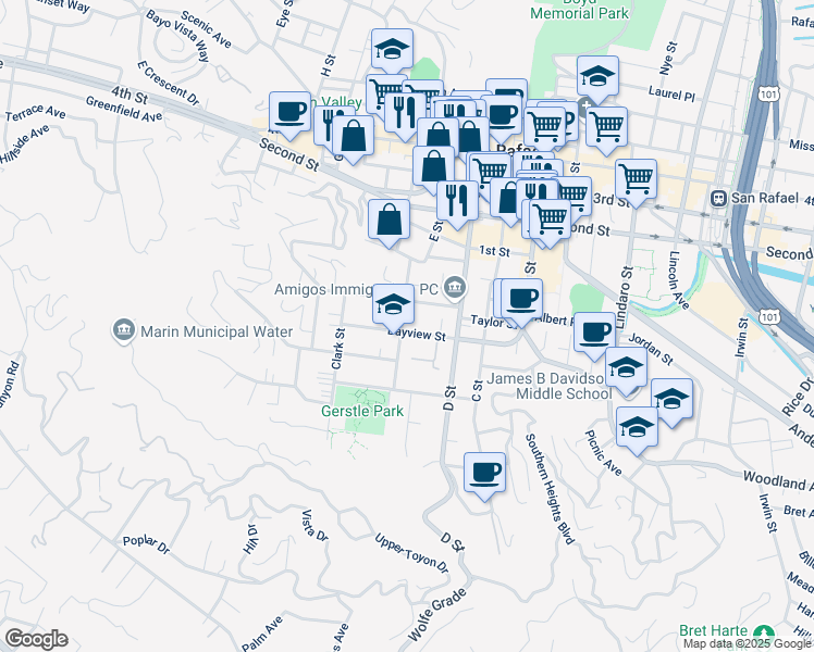 map of restaurants, bars, coffee shops, grocery stores, and more near 240 Bayview Street in San Rafael