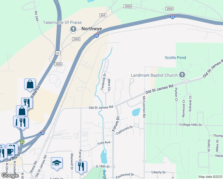 map of restaurants, bars, coffee shops, grocery stores, and more near 2132 Ware Circle in Rolla