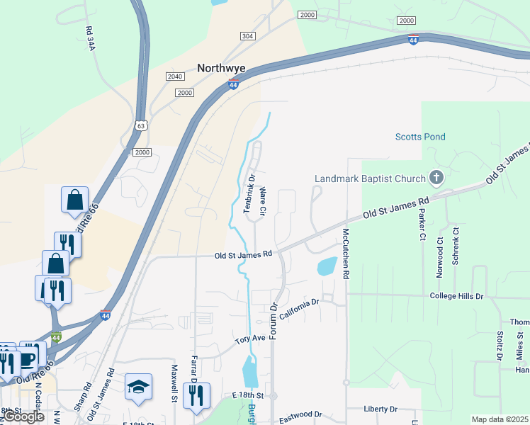 map of restaurants, bars, coffee shops, grocery stores, and more near 2125 Ware Circle in Rolla